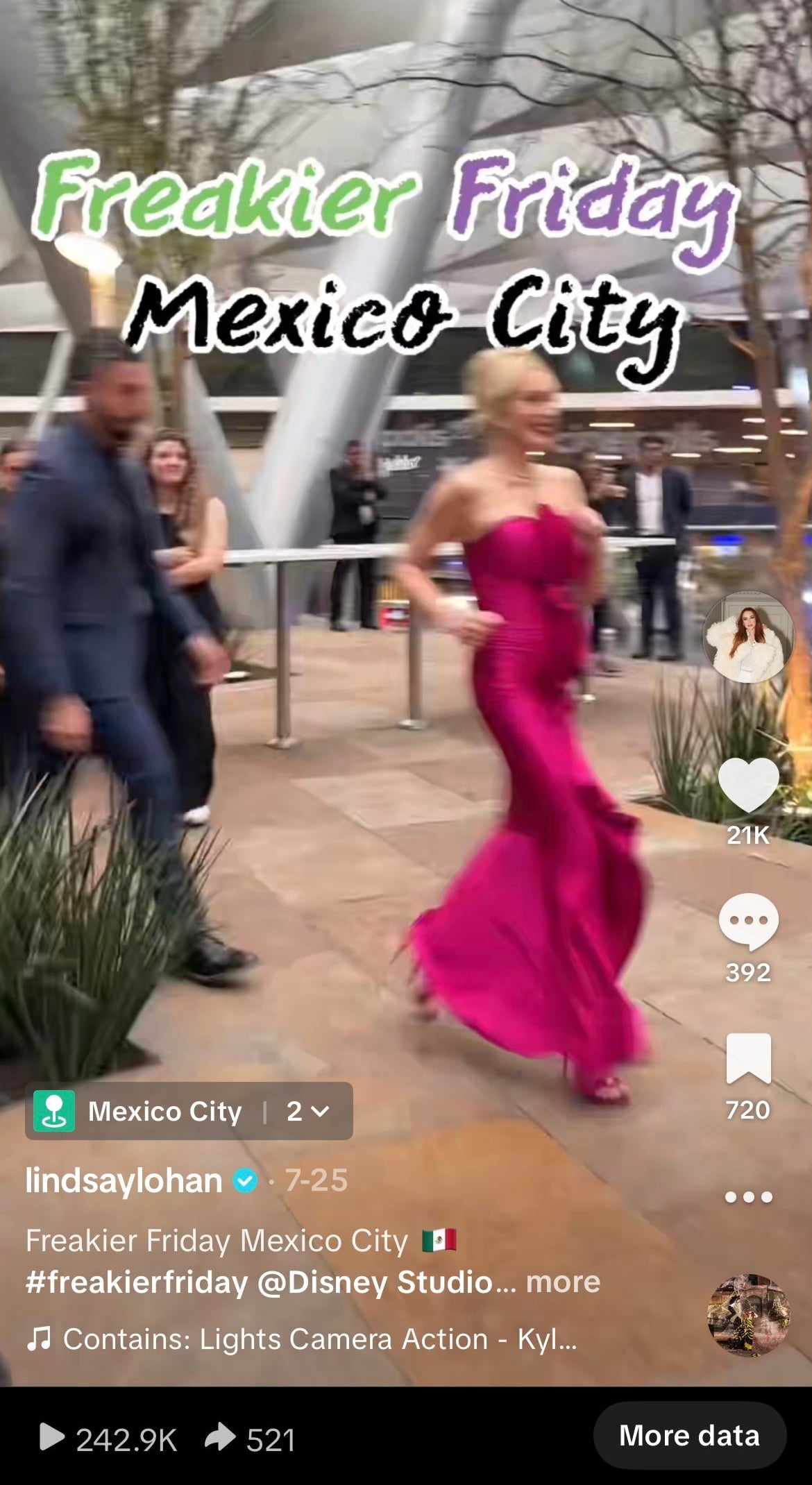 Lindsay Lohan in a pink dress walking outdoors with text overlay 'Freakier Friday Mexico City'.